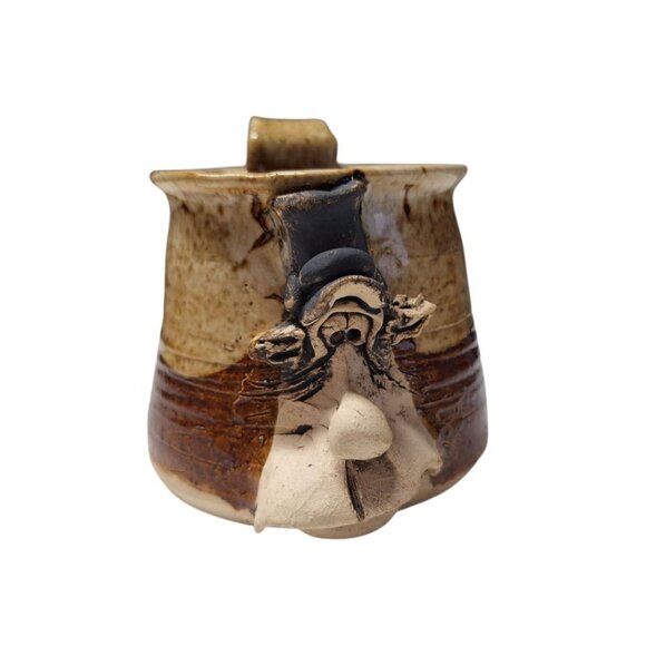 Handmade Face Mug Pottery Cup Clay Folk Art Hillbilly Brown Glaze Signed Tea - Picture 3 of 9